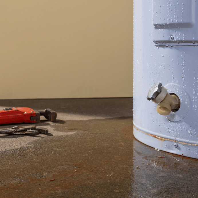 Water heater with a leak and tools scattered on a wet concrete floor.