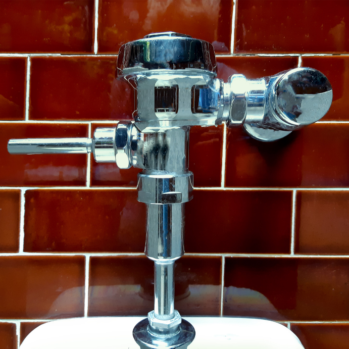 Close-up of a shiny chrome plumbing valve with a horizontal lever, mounted on a vertical pipe against a glossy brown tile wall