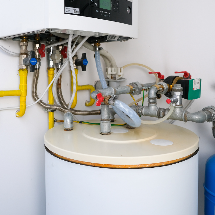 Residential boiler and hot water heater with exposed piping, valves, and red/blue handles above a storage tank.
