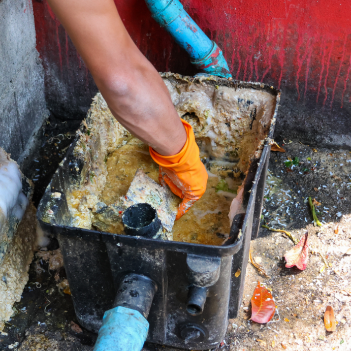 Worker in bright orange gloves handling muddy sludge inside a black plastic basin with blue pipes nearby, outdoors