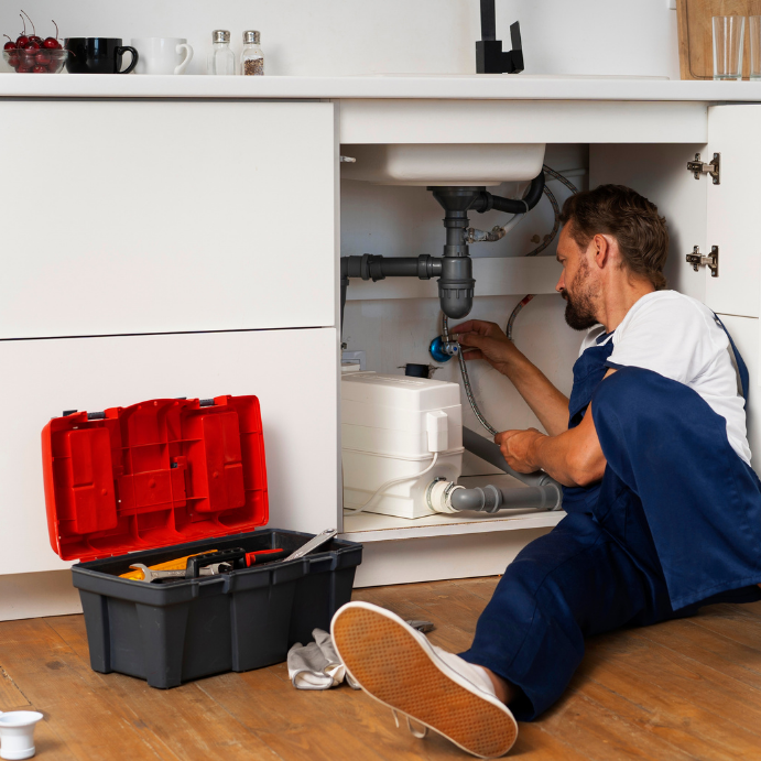 Plumber kneels under kitchen sink, inspecting pipes with toolbox open nearby.