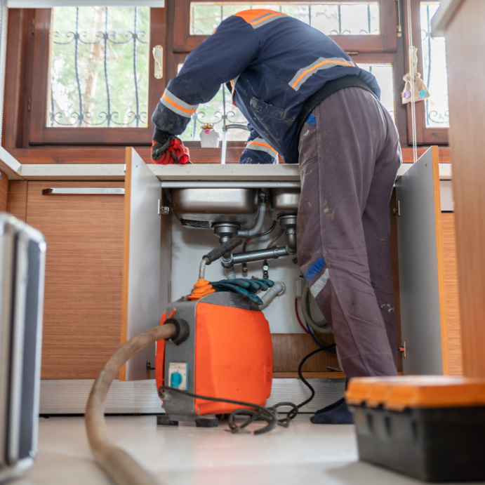 Worker in blue coveralls kneels under a kitchen sink, repairing pipes.