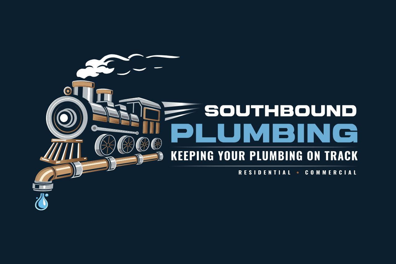 Southbound Plumbing logo with a vintage steam locomotive and pipes, captioned ‘Keeping Your Plumbing on Track’ for residential and commercial services.