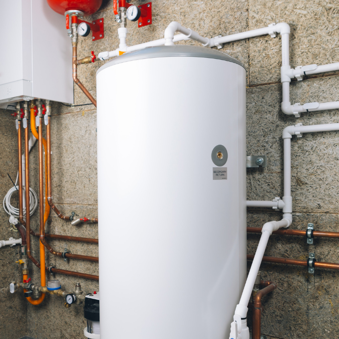Vertical white water heater in a utility room with copper pipes and gauges visible on the wall.