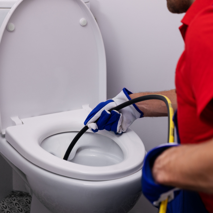 Person wearing blue gloves leans over a toilet, using a toilet auger to unclog it.