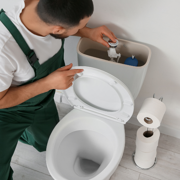 Man in green overalls adjusting the toilet's flush valve inside the tank.