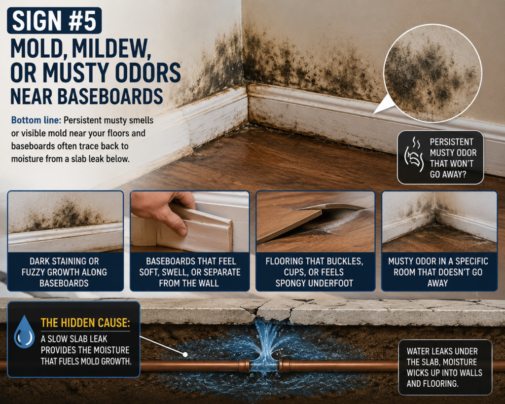 Mold growth and water damage along baseboards caused by a hidden slab leak beneath a concrete foundation, including warped flooring and moisture intrusion signs