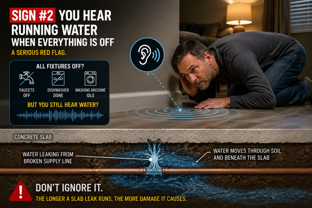 Homeowner listening to the floor for running water while all fixtures are off, illustrating a hidden slab leak beneath a concrete foundation with underground pipe leak diagram