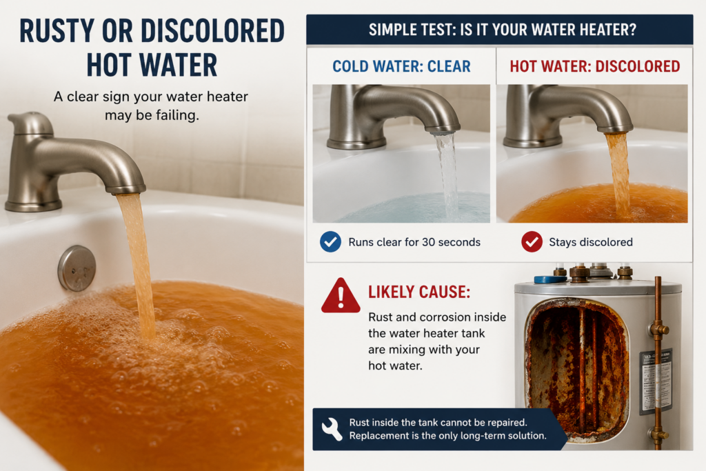 Infographic showing rusty hot water, clear cold water comparison, and internal corrosion inside a failing water heater tank.