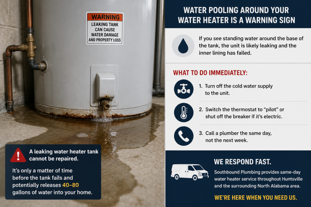 Infographic showing standing water around a leaking water heater tank, emergency shutoff steps, and warning signs of internal tank failure.