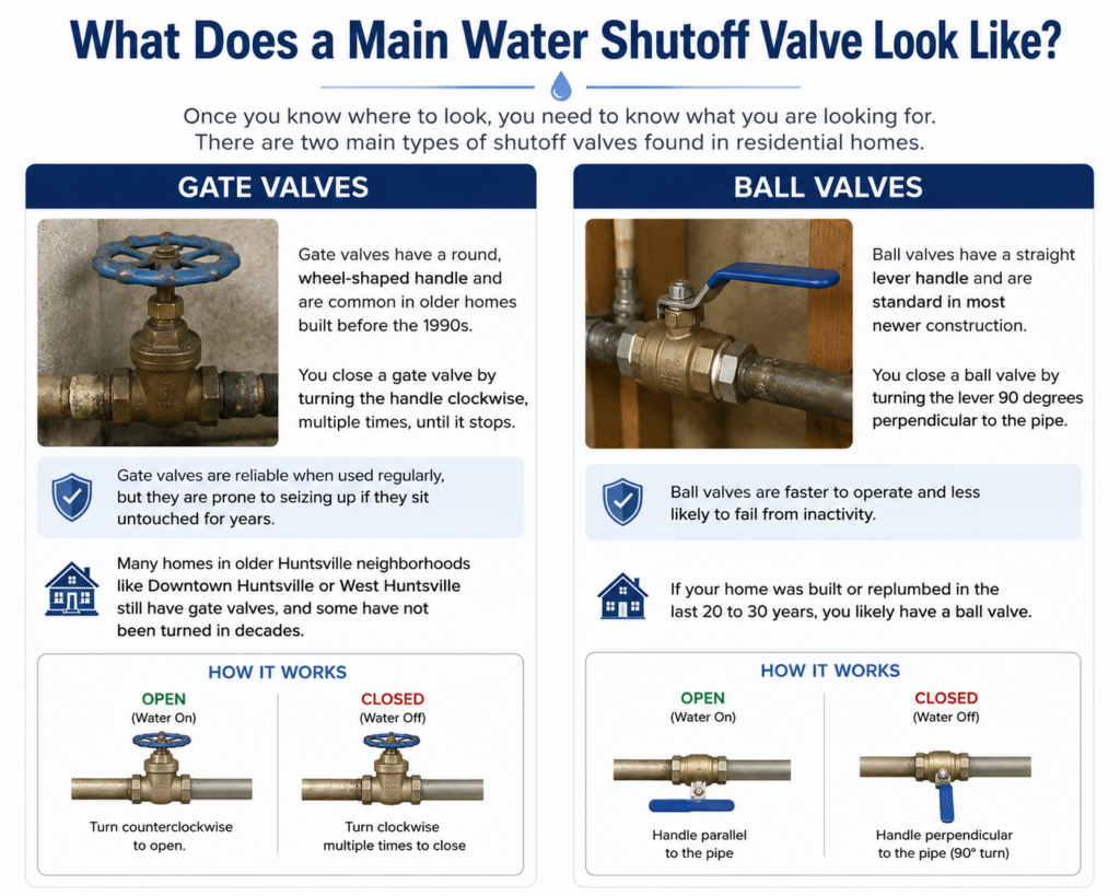 Side-by-side infographic comparing residential main water shutoff valve types. The left side shows a gate valve with a round wheel handle commonly found in older homes, while the right side shows a ball valve with a straight lever handle used in newer construction. The graphic explains how each valve opens and closes and highlights key differences in operation and reliability.