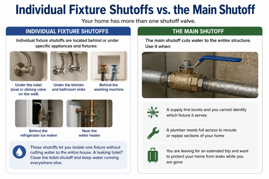 Infographic comparing individual fixture shutoff valves and the main water shutoff in a home. The left side shows shutoff valves located under toilets and sinks, behind washing machines and refrigerators, and near water heaters. The right side shows a main shutoff ball valve and explains situations where shutting off water to the entire home is necessary, such as burst pipes, plumbing repairs, or extended travel.