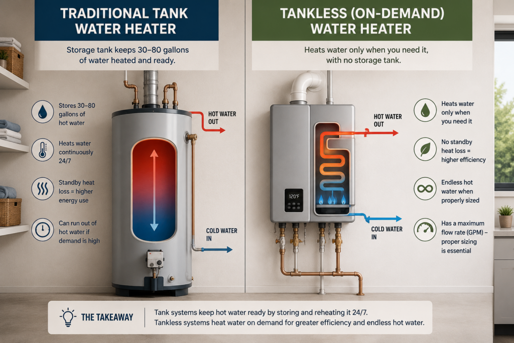 Infographic comparing a traditional tank water heater and a tankless on-demand water heater, showing differences in water storage, energy efficiency, standby heat loss, and hot water delivery.