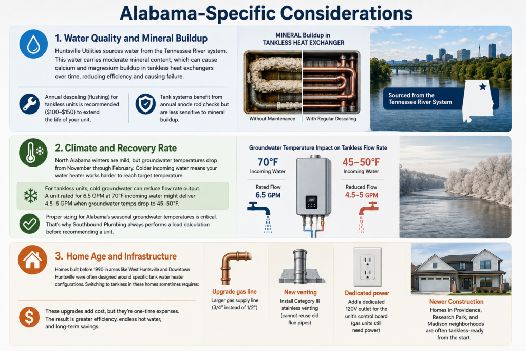 Infographic explaining Alabama-specific considerations for tank and tankless water heaters, including mineral buildup from Huntsville water, winter groundwater temperature impacts on tankless flow rates, and infrastructure upgrades needed for older homes switching to tankless systems.