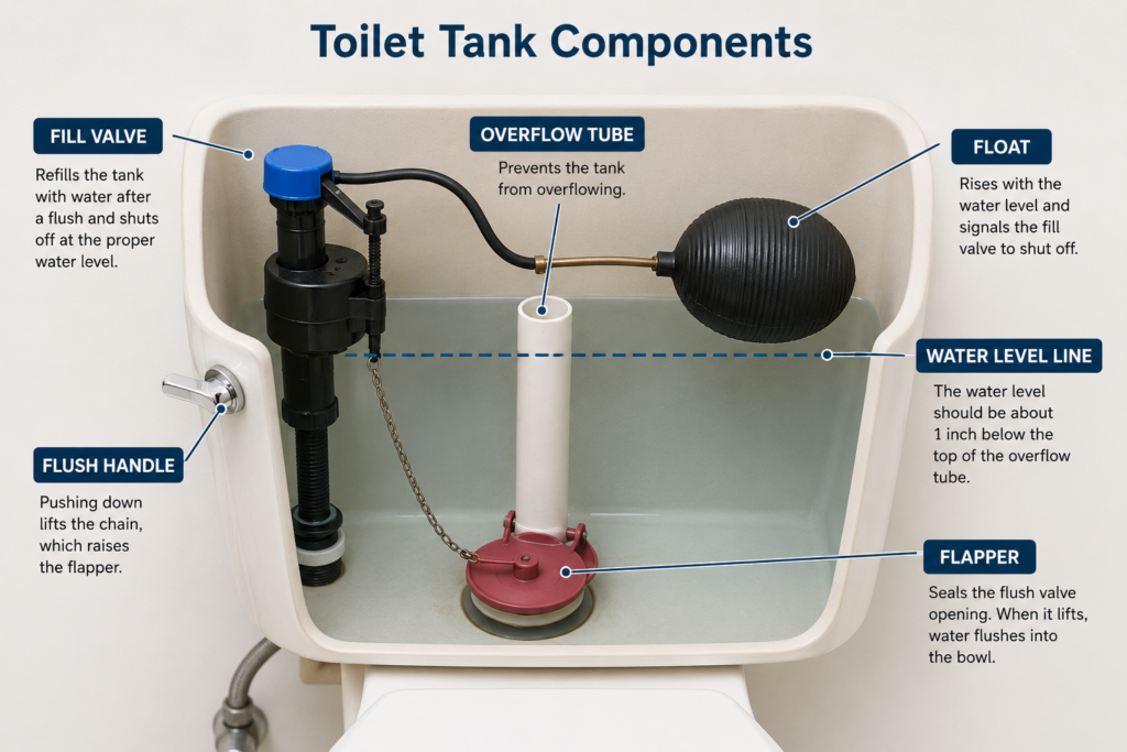 Why does my toilet keep running? Labeled diagram of a toilet tank showing the flapper, fill valve, float, overflow tube, and water level line