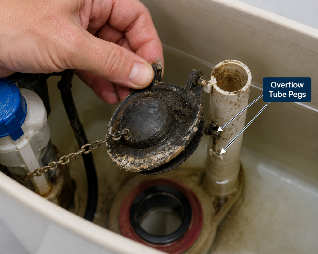 Why does my toilet keep running? Close-up of a worn rubber toilet flapper being removed from the overflow tube pegs inside a toilet tank