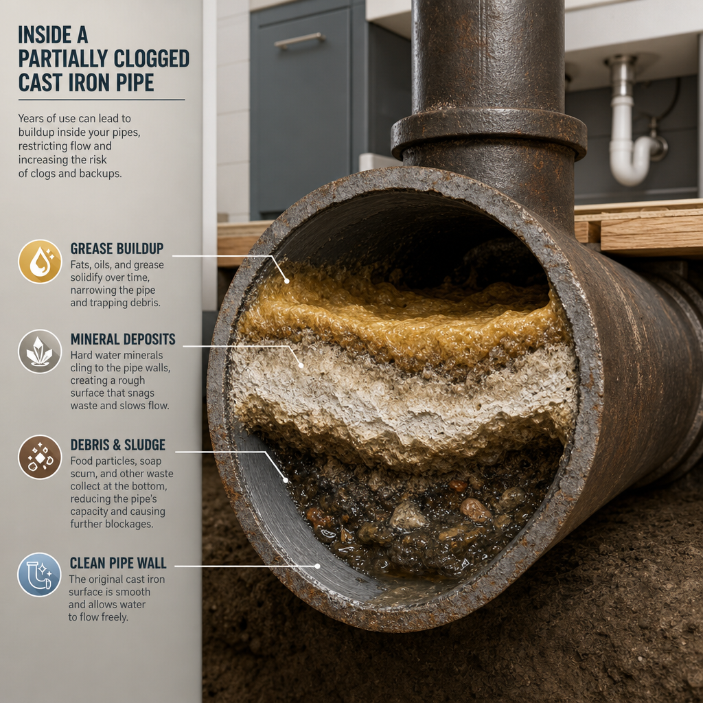 Cross-section of a partially clogged cast-iron pipe with grease buildup, mineral deposits, and debris, highlighting flow blockage and a slow pipe wall.