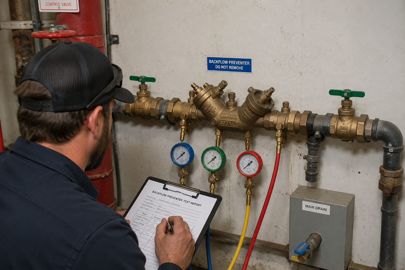Technician wearing a cap checks a brass backflow preventer with blue, green, and red gauges while writing on a clipboard in a utility room.