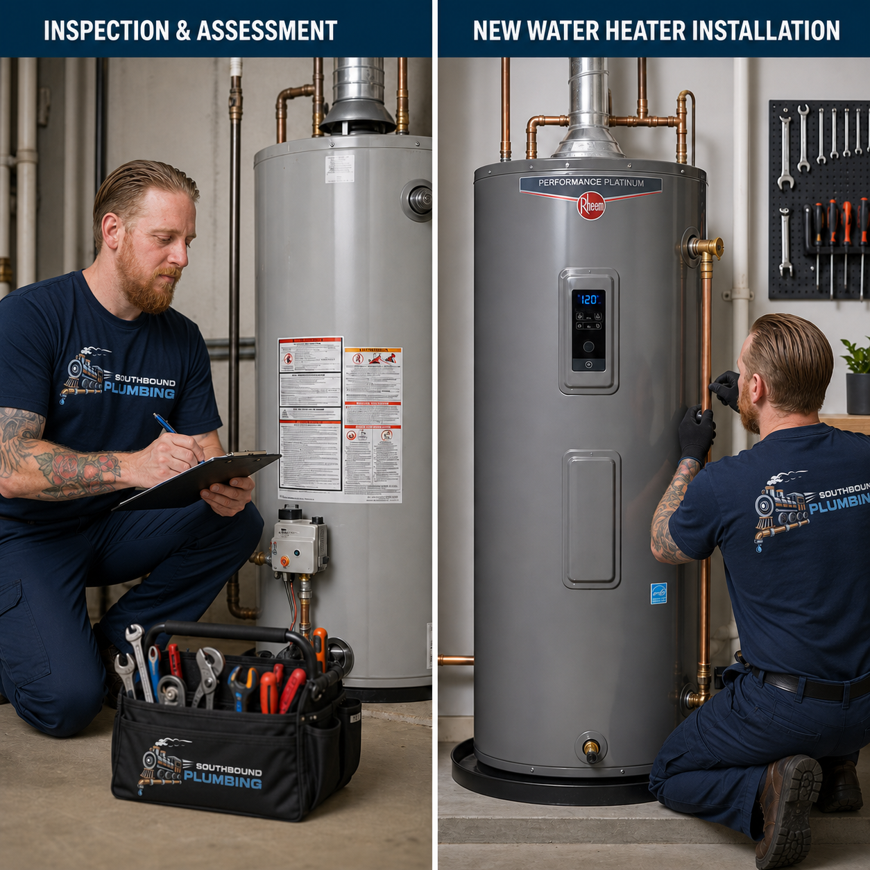 Plumber in a Southbound Plumbing shirt kneels beside a water heater, writing on a clipboard with a tool bag nearby for inspection. (Left panel) and a separate scene showing a technician installing a new water heater.