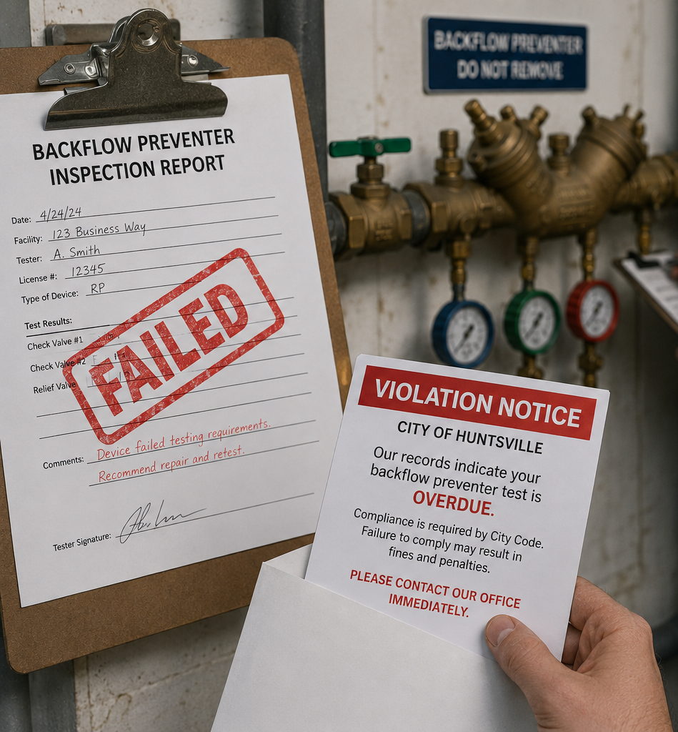 Clipboard showing a 'Backflow Preventer Inspection Report' with a red 'FAILED' stamp beside a row of valves and a 'Violation Notice' held nearby by a hand.