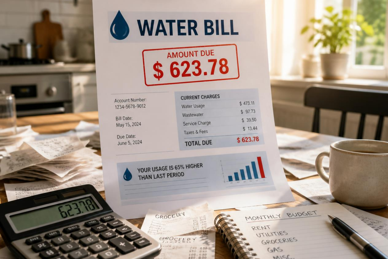 Water bill on a kitchen table showing amount due $623.78, with a calculator and a notebook labeled Monthly Budget nearby.