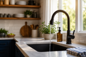 Modern black kitchen faucet over a white marble countertop sink with water running, a potted plant and amber soap dispenser nearby by a sunlit window.